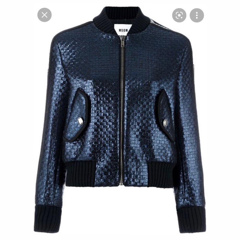 MSGM Blue Metallic Woven Bomber Jacket